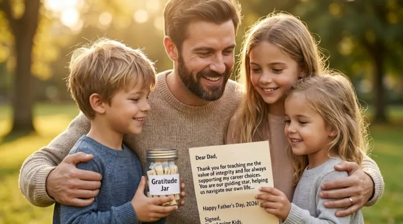 A happy father and his children sharing a joyful moment and holding a heartfelt letter and gratitude jar during Father's Day 2026 celebration.