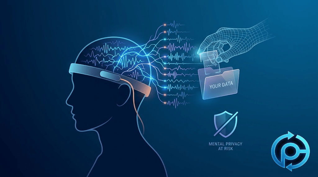 A digital conceptual graphic representing the future of neuro-rights, featuring a shield icon over a brain silhouette to symbolize legal protection and mental privacy.