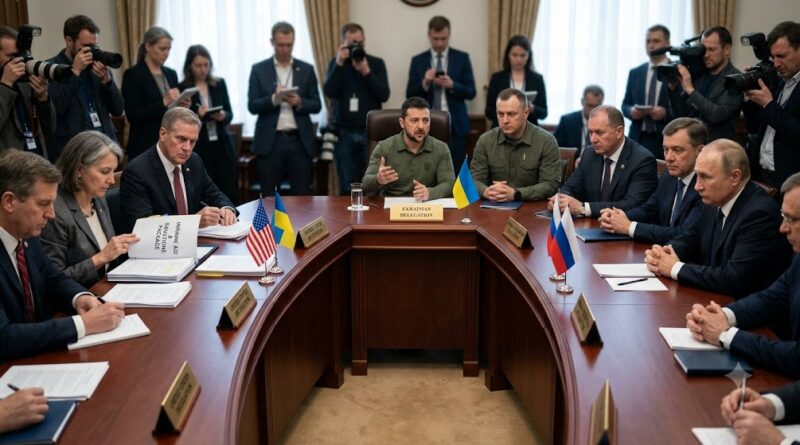 Diplomatic summit meeting with US, Ukrainian, and Russian representatives discussing aid and peace negotiations.