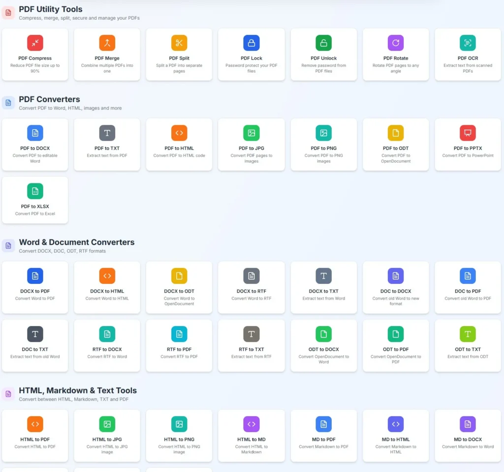 FilesTool document category dashboard displaying various tools for PDF, Word, Excel, and archive file processing.