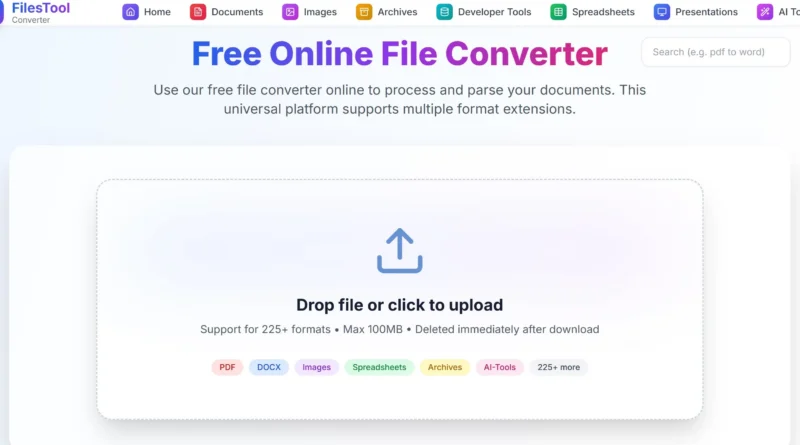 Filestool.com interface showing the free online file converter and image processing tool platform.