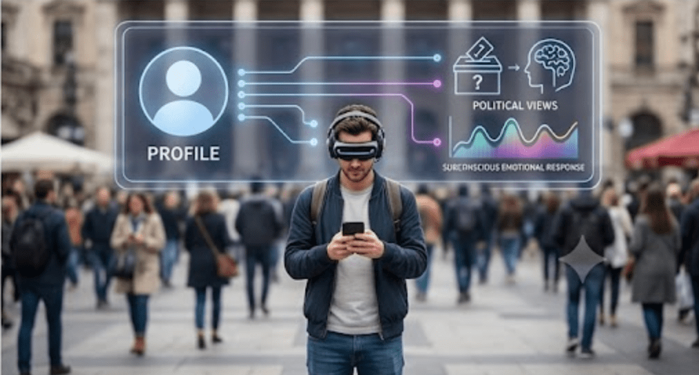 A person in a busy, crowded public space wearing a sleek consumer EEG headset, with a digital graphic overlay highlighting their 'profile' and real-time neural activity, including political views and emotional responses.