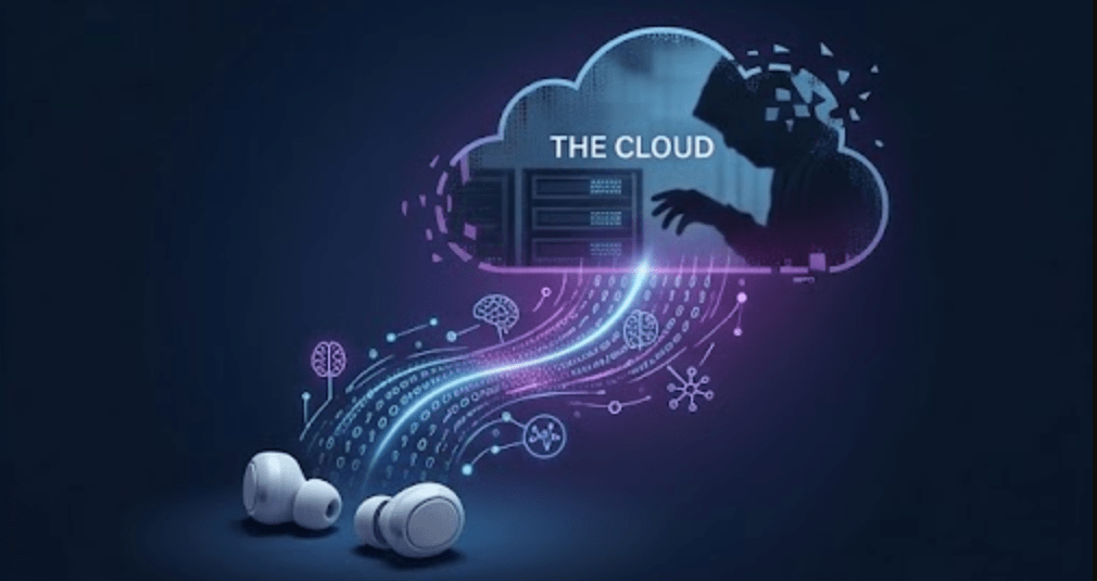 A conceptual digital illustration showing a silhouette of a person wearing headphones connected to a cloud server, symbolizing the risk of brainwave data collection and neural privacy threats.