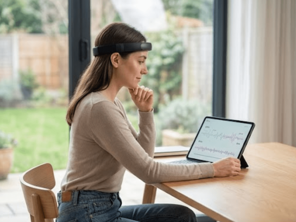 A person sitting at a desk wearing a consumer EEG brainwave tracking headband while looking at a tablet showing real-time neural activity graphs.