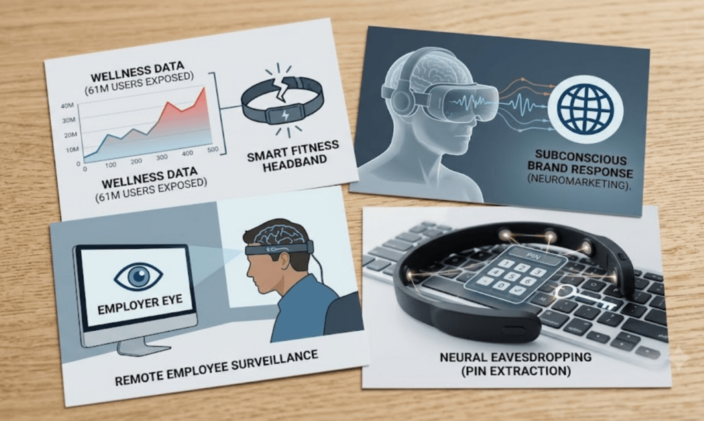 An infographic showing four risks of consumer neurotechnology: wellness data breaches, subconscious brand response tracking, remote employee surveillance via focus monitoring, and neural eavesdropping to extract passwords.