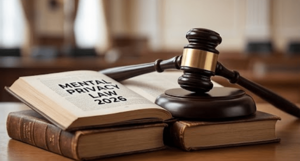 A gavel and an open old law book with large text on the pages reading 'MENTAL PRIVACY LAW 2026', representing the legal framework for neuro-rights in the future.