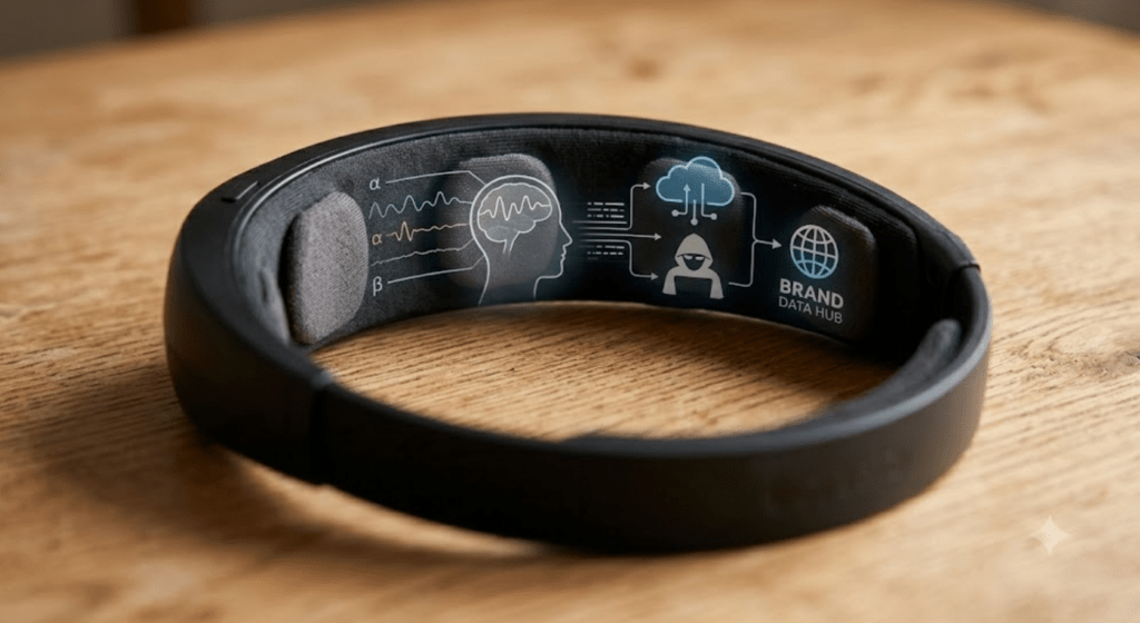 A close-up of a wearable EEG headband on a wooden surface, with a digital graphic overlay depicting brain-computer interface technology, neural network icons, and a stylized human brain.