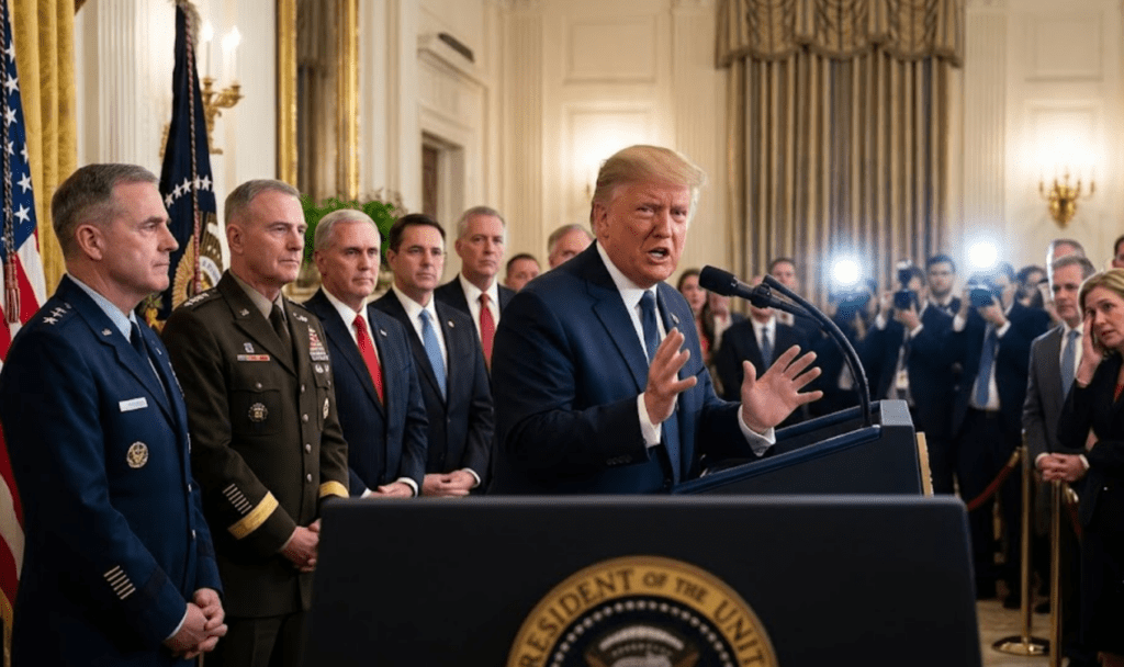 President Donald Trump addressing the press at the White House with military officials and advisors, discussing key administration policies.