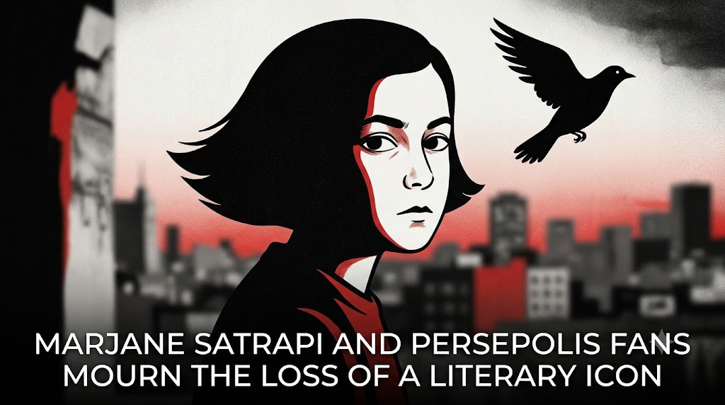 A black and white graphic illustration mourning the loss of Marjane Satrapi with a bird flying over a city skyline.
