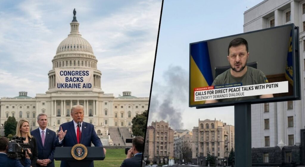 US Congress members announcing new $1 billion financial aid package for Ukraine with President Zelenskyy calling for peace talks.